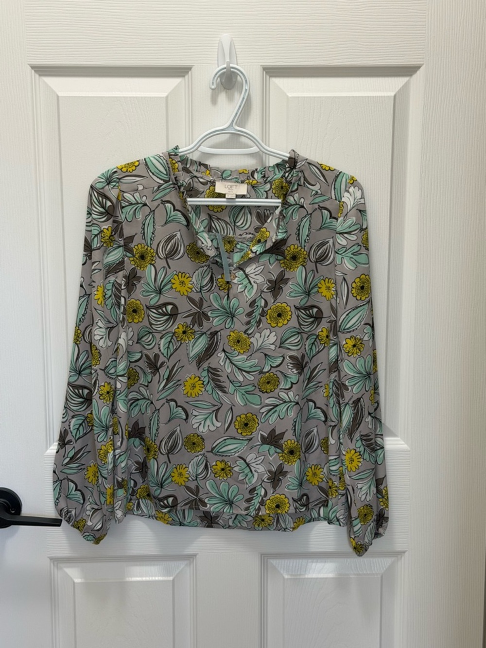 LOFT Gray Floral Split-Neck Blouse with Yellow & Mint